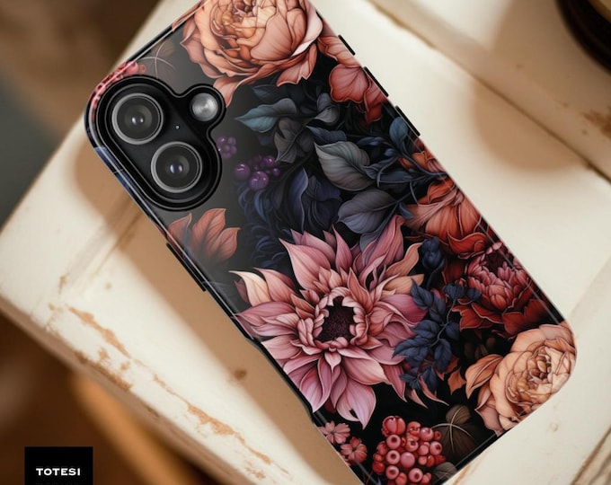 Gothic Floral Tough Phone Case: Dark Pink Black Design