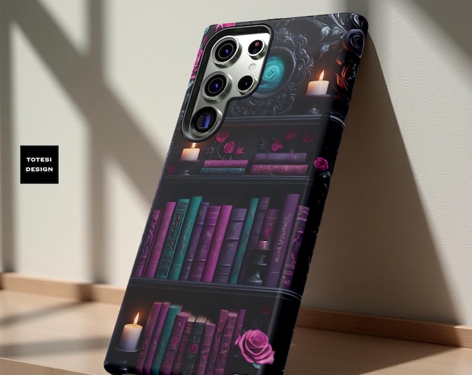 Gothic Dark Academia Bookshelf Floral Aesthetic, Gift for Book Worm, Samsung S24 S23 S25, Google Pixel, iPhone 16, 15 14