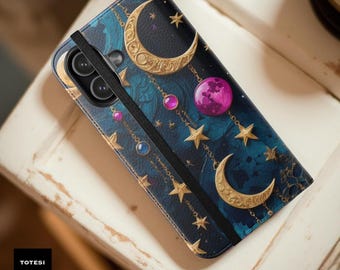 Celestial Moon Stars Faux Leather Wallet Phone Case S25 S24 iPhone 17 16 15