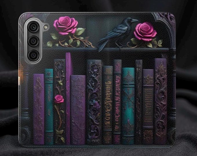 Gothic Bookshelf Books Raven Flip Cases, Phone Cover Stand, Gift for Niece, Daughter Birthday, Samsung iPhone Card Holder stand