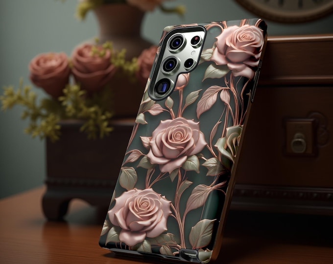 Chic Art Nouveau rose gold green Roses Aesthetic| Samsung Galaxy Tough Cell Phone Case S25 S24 S23 S22 Plus Ultra| iPhone 16 15 14 13 Pro
