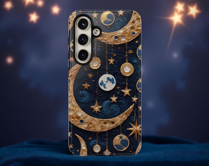 Abstract Celestial Art Blue Lunar Crescent Stars Tough Phone Case, Samsung Galaxy S25 S24 S23 S22| iPhone 16 15 14 13 12 11 Pro Max plus,