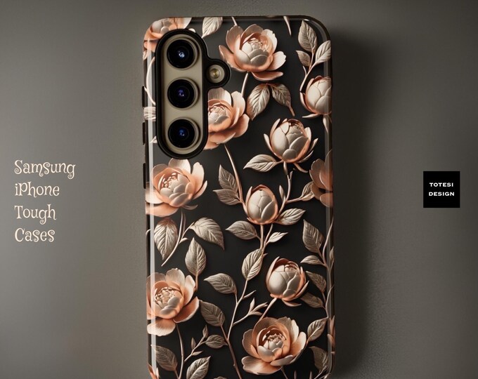 Dark Floral Gold Black Peony Samsung Galaxy Tough Case S24 S23 S22 S21 Plus Ultra | iPhone 15 14 13 12 11 Pro Max Plus Mini| Glossy  Matte