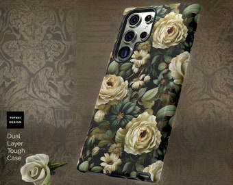 Botanical Dark Floral  Nature Samsung Galaxy Tough Case S25 S24 S23 S22 S21 Plus Ultra| iPhone 16 15 14 13 12 11 , Glossy Matte