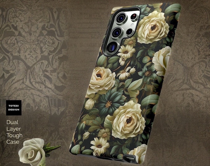 Botanical Dark Floral  Nature Samsung Galaxy Tough Case S25 S24 S23 S22 S21 Plus Ultra| iPhone 16 15 14 13 12 11 , Glossy Matte