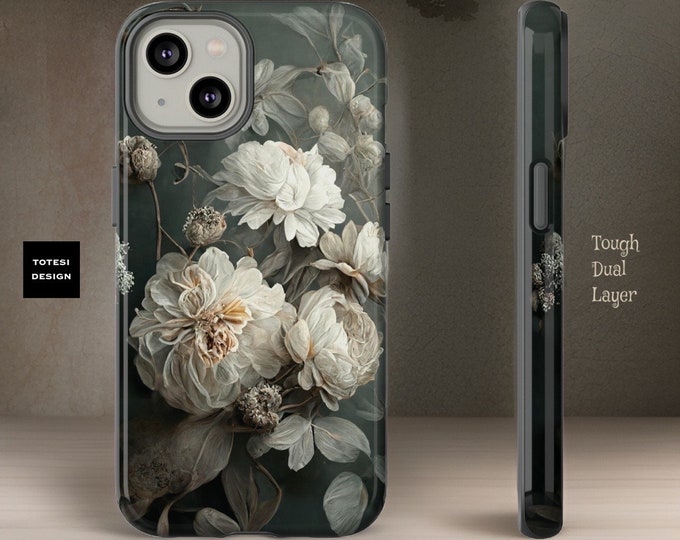 Floral Gray Dark Academia iPhone Case 16 15 14 14 12 Pro Max Plus | Glossy or Matte