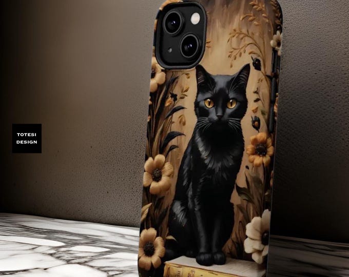 Magnetic Tough Cases, Vintage Black Gothic Cat Books iPhone Case, Dual Layer, Cat Lovers Gift, Pro Max Plus, Sturdy, 16 15 14 13, Goth Phone