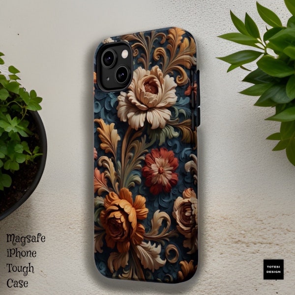 Bold Dark Swirly Floral Aesthetic MagSafe Compatible iPhone Tough Phone Case 13 14 15 Pro Max Plus Mini | Birthday Gift Her