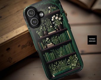 Green Gothic Bookcase Phone Case: Bookish Garden Library