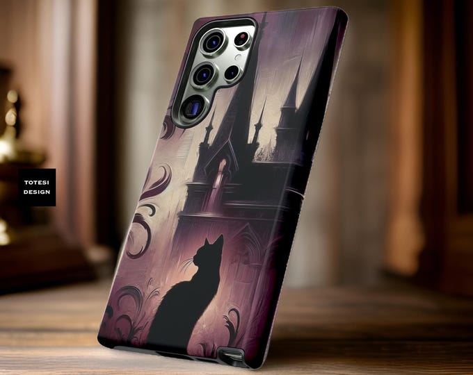 Samsung Galaxy Tough Dual Layer Phone Case Gothic Cat Haunted House Halloween aesthetic Glossy or Matte finish