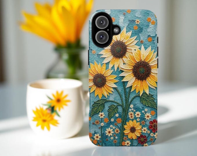 Phone Case, Sunflower Art Print, Whimsy Aesthetic, Cute Floral Cover, Samsung Galaxy S25 S24 S23 iPhone 16-11, Spring Tech Accessory