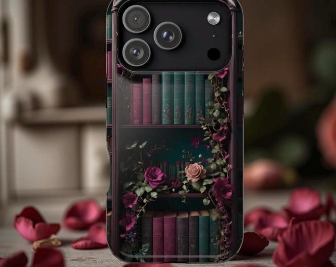 Floral Bookshelf MagSafe iPhone Case: Dark Academia Style