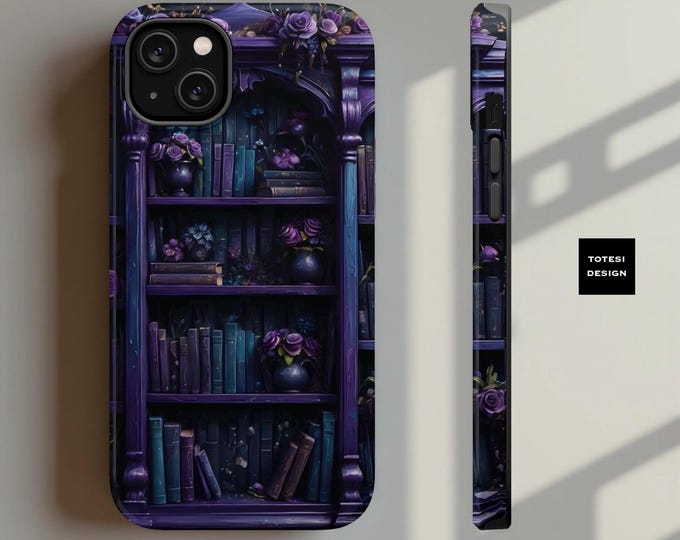 Bookcase Magnetic iPhone Case Blue Purple Dark Academia Books - Tough Case, Book Lover Gift, Academia, iPhone 13 14 15 16, Birthday Gift
