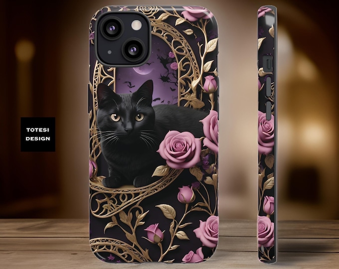 Gothic Floral Black Cat Pink Purple iPhone Tough Case 16 15 14 13 12 11 Pro Max Plus Mini  Glossy or Matte