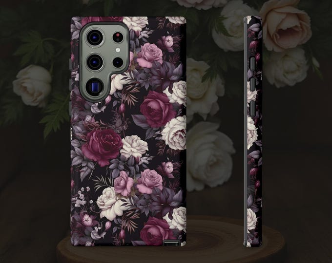 Gothic Floral Tough Case, Matte Glossy Phone Cover, Women's Botanical iPhone Google Samsung Galaxy, Dark Moody