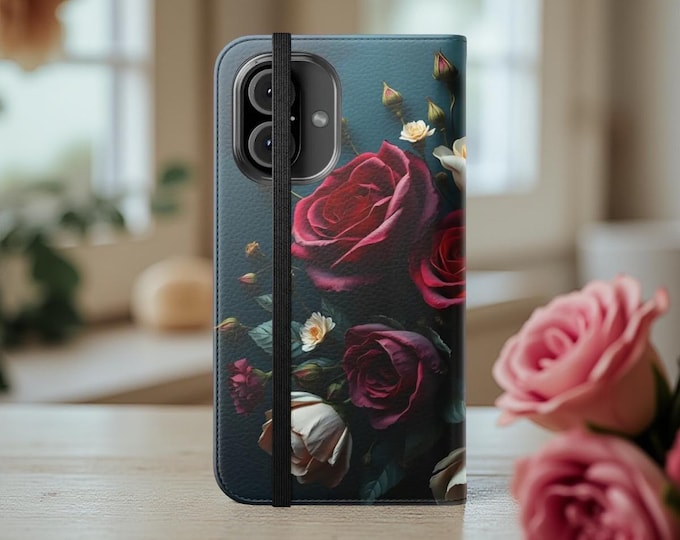 Dark Rose Floral Wallet Phone Case, Faux Leather Card Holder