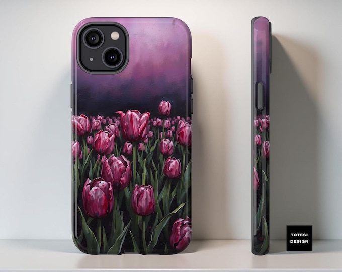 Phone Case, Purple Fantasy Tulip Field Moody Floral Design for Samsung S25 S24 S23, iPhone 16-11, Google, Romantic Dark Floral, Tough Phone