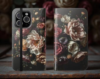Dark Moody Floral Wallet Phone Case: Bohemian Folio Cover