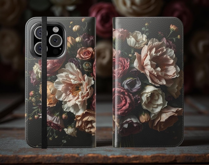 Wallet phone case, Dark Moody Floral Bouquet, iPhone 16 15 14 13 Pro Max Plus, S25 S24 S23 S22 Plus Ultra, Back to School