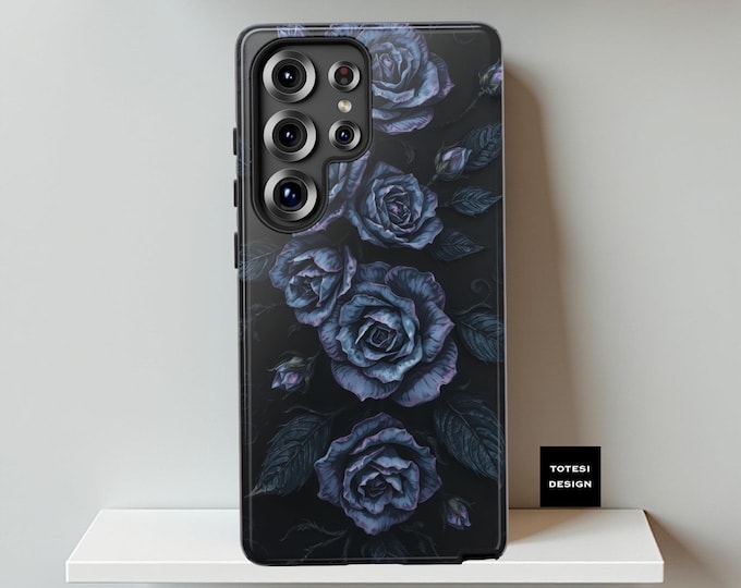 Tough Cases, Gothic Dark Blue Floral Roses, Samsung S25 S24 S23 S22 Plus Ultra, iPhone 16 15 14 13 12 11, Gift for Daughter, Protective