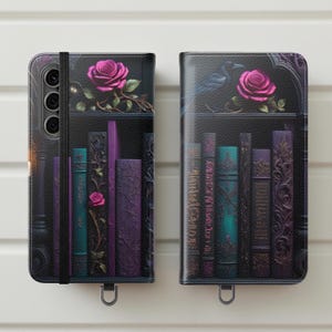 Fundas con tapa de cuervo con diseño de estantería gótica, funda para teléfono, regalo para sobrina, cumpleaños de hija, tarjetero para Samsung y iPhone.