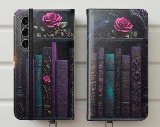Gothic Bookshelf Books Raven Flip Cases, Phone Cover Stand, Gift for Niece, Daughter Birthday, Samsung iPhone Card Holder stand