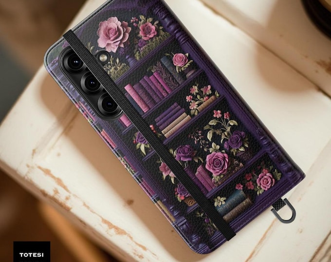 Books Boho Floral Purple Folio Wallet iPhone Samsung Case, Flip Stand Cases