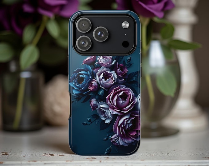 Dark Floral Phone Case | Moody Midnight Blue Roses, Tough Dual Layer