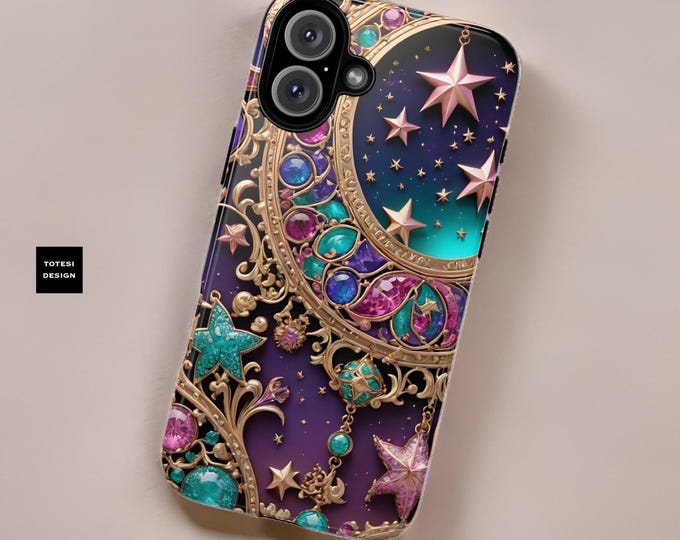 iPhone Cases, Celestial Bling Moon Stars Jewels Purple Gold Fantasy Glossy Matte, iPhone 16 15 14 13 12 11 Pro Max Plus Pro, Tough Shell