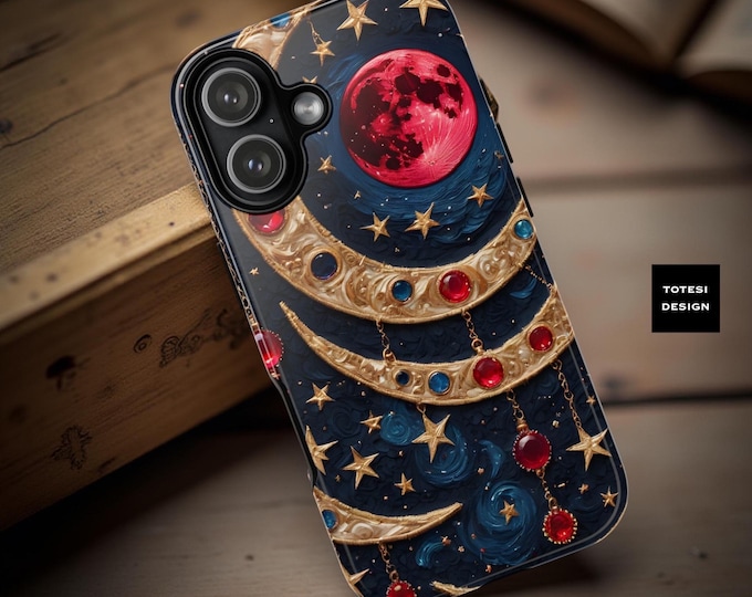 Red Moon Celestial Art Phone Case: Goth Whimsy Design