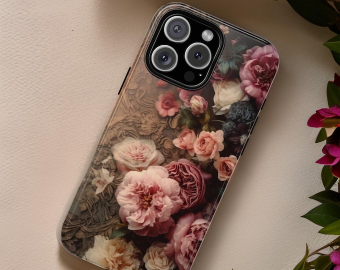 Romantic Vintage ornate phone case pink floral art tough phone case | Samsung Galaxy S24 S23  iPhone 16 15 Google Pixel  |Glossy or Matte