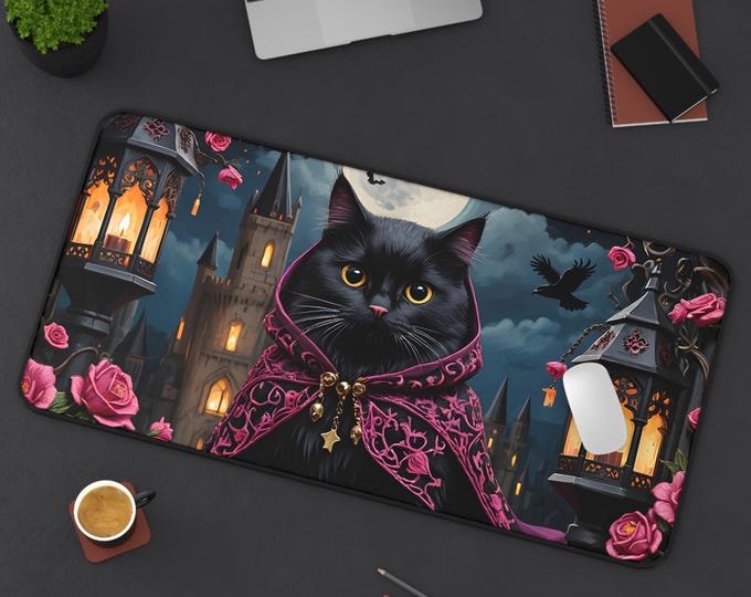 Magical Black Cat Desk Mat - Cozy Office Decor, Cat Lover Gift, Halloween Office Accessory, Home Workspace Decoration, Witchy Vibes