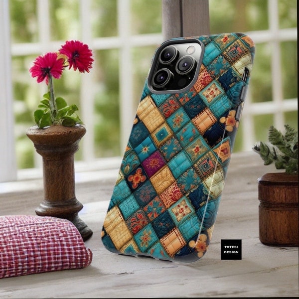 Cute Boho Cozy Quilt Pattern Turquoise Aesthetic tough iphone cases 15 14 13 12 Pro Max Plus | Quilter Gift Mum Gran Her | Glossy or Matte