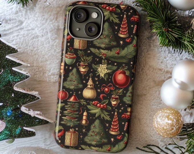 Vintage Winter Christmas iPhone dual layer sturdy  tough case 15 14 13 12 11 Pro Max Mini Plus | Glossy or Matte