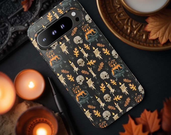 Black Halloween Party, Gothic Skulls Samsung case - cute, witchy, skulls, scary, pumpkin fun Samsung Galaxy, iPhone, Google Pixel Covers