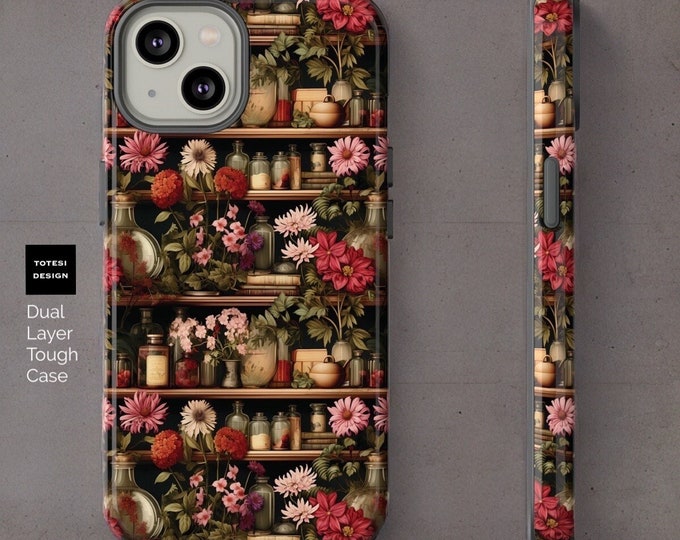 Vintage floral boho book shelves apothecary aesthetic| iphone 15 14 13 12 11 Pro Max Plus Mini Tough Case | Glossy or Matte
