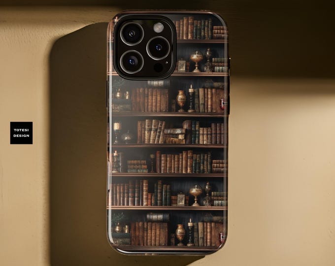 Vintage Bookshelf Aesthetic Tough Case, iPhone Samsung Dual Layer Glossy Matte, Book Lover Gift Phone Cover, Protective Tech Accessory,