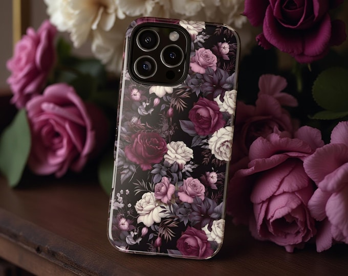 Gothic Floral Tough Case, Matte Glossy Phone Cover, Women's Botanical iPhone Google Samsung Galaxy, Dark Moody