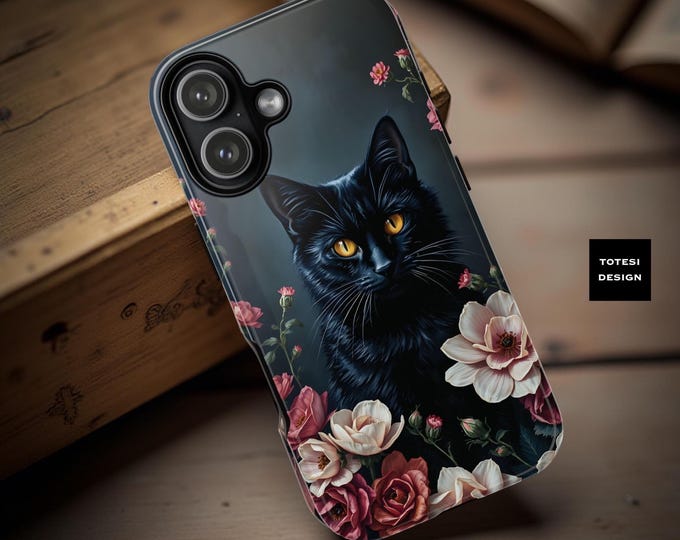 Gothic Black Cat Floral iPhone 17 16 15 Case: Celestial Witchy Design