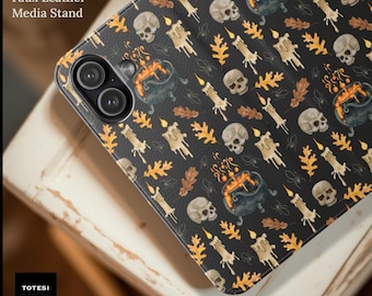 Halloween wallet phone case |Spooky Skull Candles Fall Pattern Faux leather cardholder stand