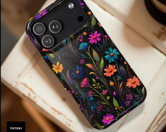 Black Neon Wildflowers MagSafe phone Case: Glossy or Matte Finish