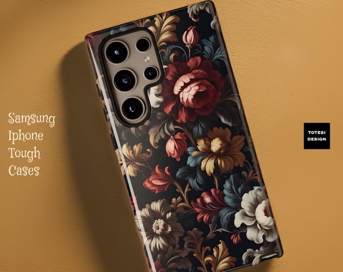 Vintage Dark floral moody gothic baroque  tough phone case Samsung S24 S23 S22 S21 Ultra Plus iPhone 15 14 13 12 Pro Max  |Glossy Matte