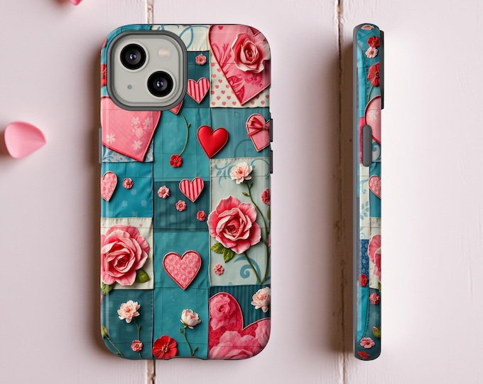 Valentine Patchwork Hearts Tough Case | Floral Rose Phone Case, Teal Pink Love Pattern