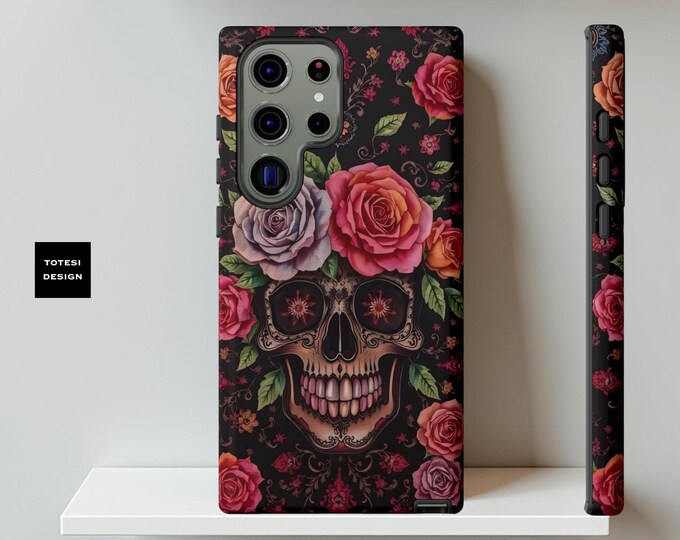 Dark Floral Skull Art Phone Case, Vibrant Floral Protective Cover, Day of the Dead Gift, Unique Tech Accessory, Phone Accessories