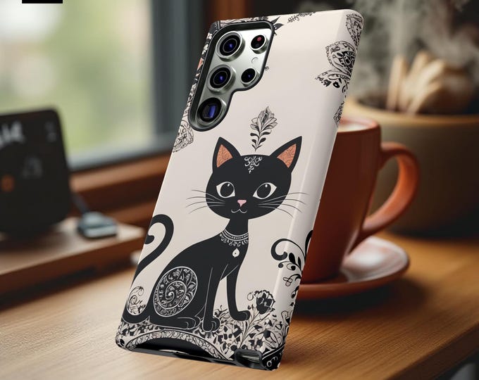 Tough Cases, Cute Black Cat Floral Art Phone Covers for Samsung Galaxy iPhone - Gift for cat lovers, students daughter