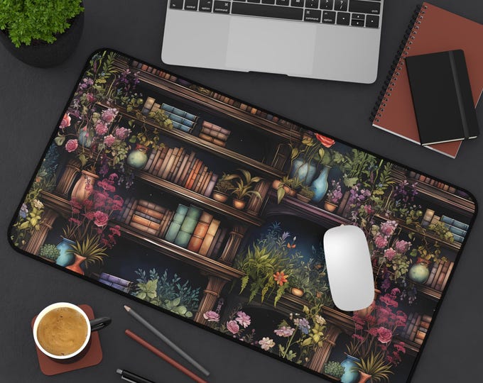 Floral Bookshelf Desk Mat - Cozy Office Decor, Perfect for Home Office, Book Lovers Gift, Study Workspace, Teacher Supplies