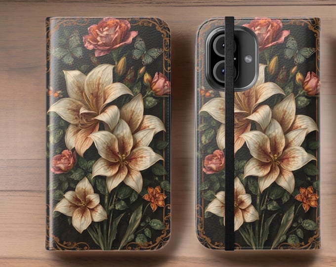 Vintage Lily Flip Phone Case, Wallet, Gift for Her, Cardholder, Stand, Botanical Art Nouveau Floral