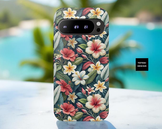 Tough Cases, Tropical Flower Hibiscus Frangipani Retro Vintage Phone Cover, iPhone Samsung Google, Summer Beach, Protective Floral Phone