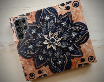 Rustic Mandala Boho Art  faux leather folio wallet cardholder stand Phone Case Cover