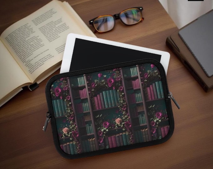 Dark Floral Academia Bookshelf Books Tablet Sleeve Mac iPad Kindle Laptop Padded, Back to School, 7 10 13 15 17 inch, book lover gift